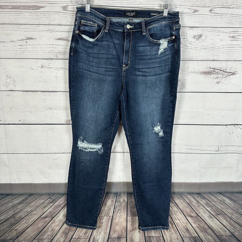 Judy Blue Jeans Womens 32 Blue Boyfriend High Rise Stretch Distressed Comfort‎